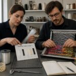 A woman engineer and a man artist examine polymer fiber samples while weaving synthetic filaments into a small textile artwork in a studio.
