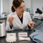 A lab researcher in a white coat examines a synthetic fabric swatch beside labeled cotton and polymer fiber samples on a lab bench.