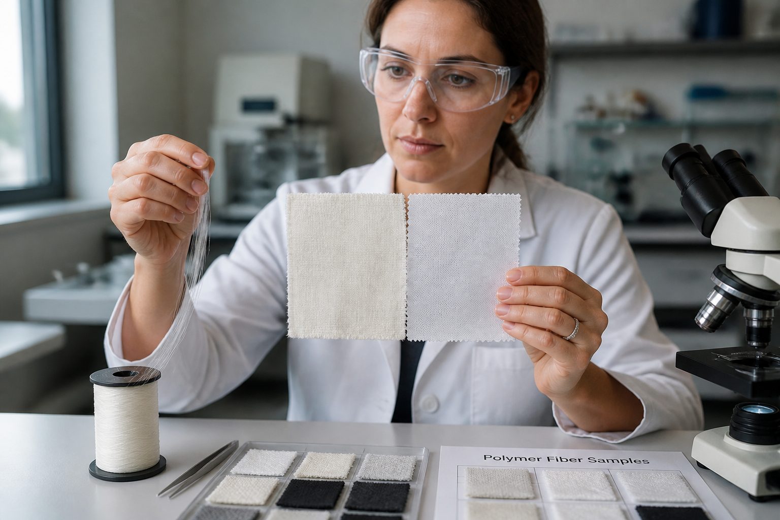 A woman materials scientist in a lab compares a cotton fabric swatch with a polymer fiber fabric sample on a workbench.