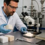 An engineer in a lab compresses a polymer foam sample while examining its cellular structure on a workbench with testing tools.