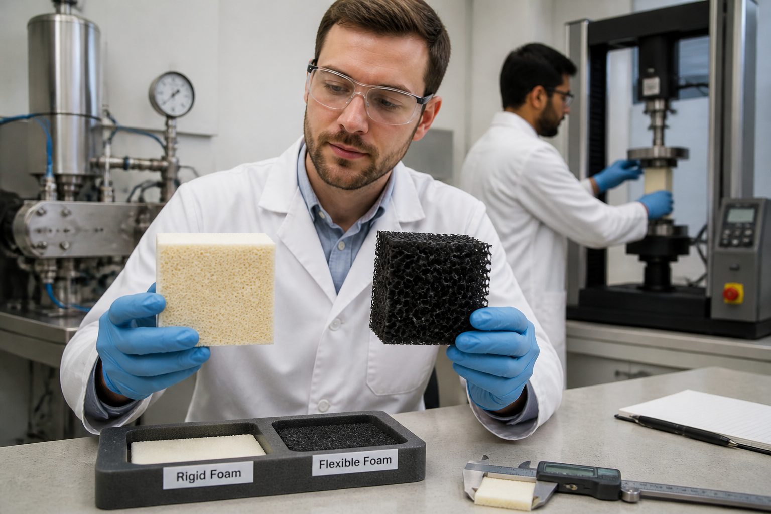 Engineer in a lab holding rigid and flexible polymer foam samples while foam testing equipment sits on a workbench
