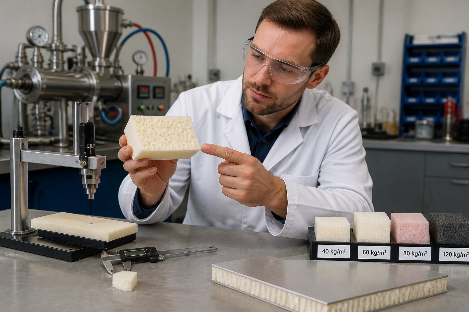 A male polymer engineer in a lab holds a cut polymer foam sample while measuring it on a workbench with foam manufacturing and testing equipment nearby.