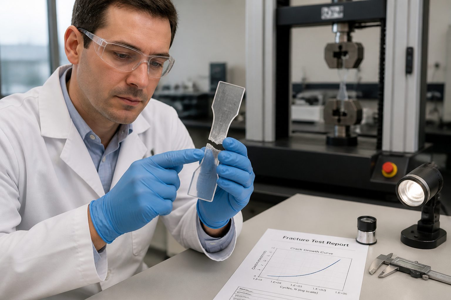 A polymer engineer in a lab coat examines a cracked plastic tensile specimen beside a tensile testing machine.