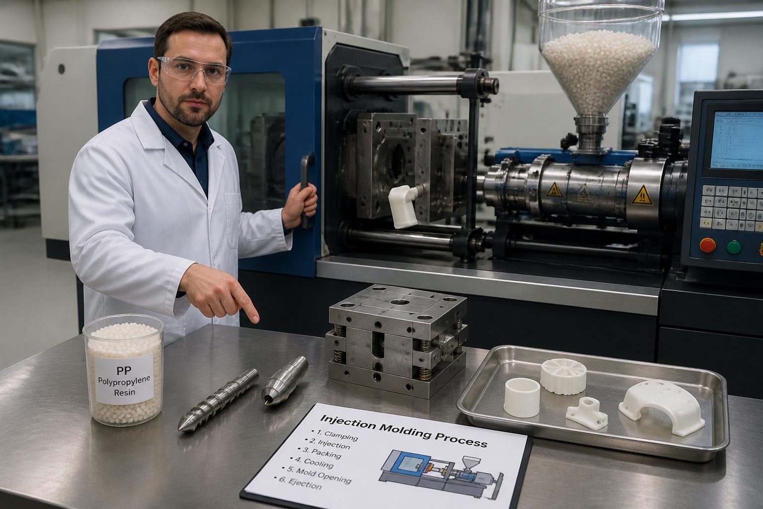 An engineer in safety glasses points to an injection molding machine and molded plastic parts on a workbench.