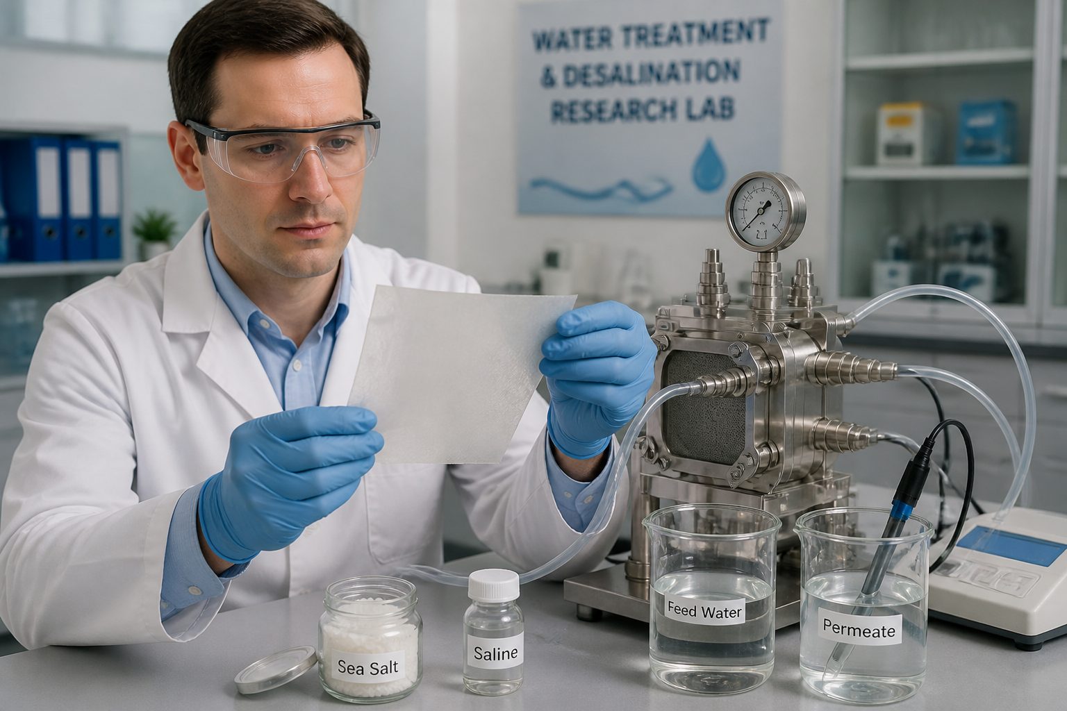 A lab engineer in a lab coat inspects a polymer membrane beside a desalination filtration test setup with feed water and permeate beakers.