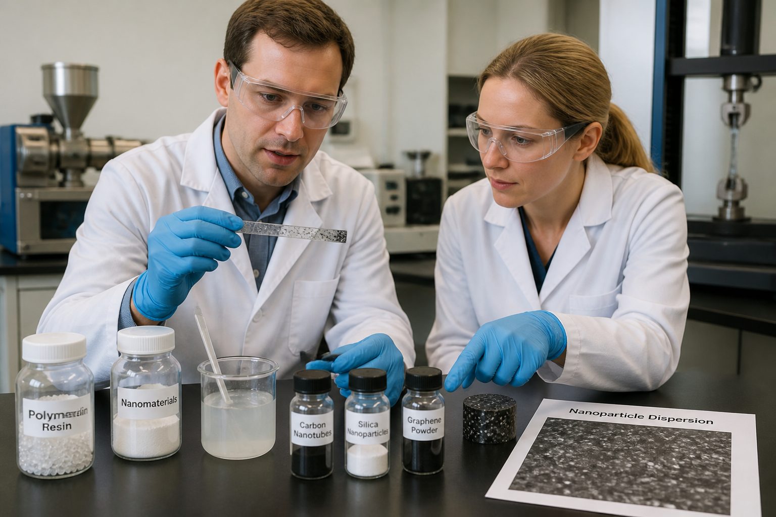 Two scientists in a polymer lab examine a polymer sample and nanomaterial containers on a workbench.