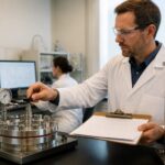 A lab engineer measures gas and liquid permeability through a polymer film using a permeability test apparatus.