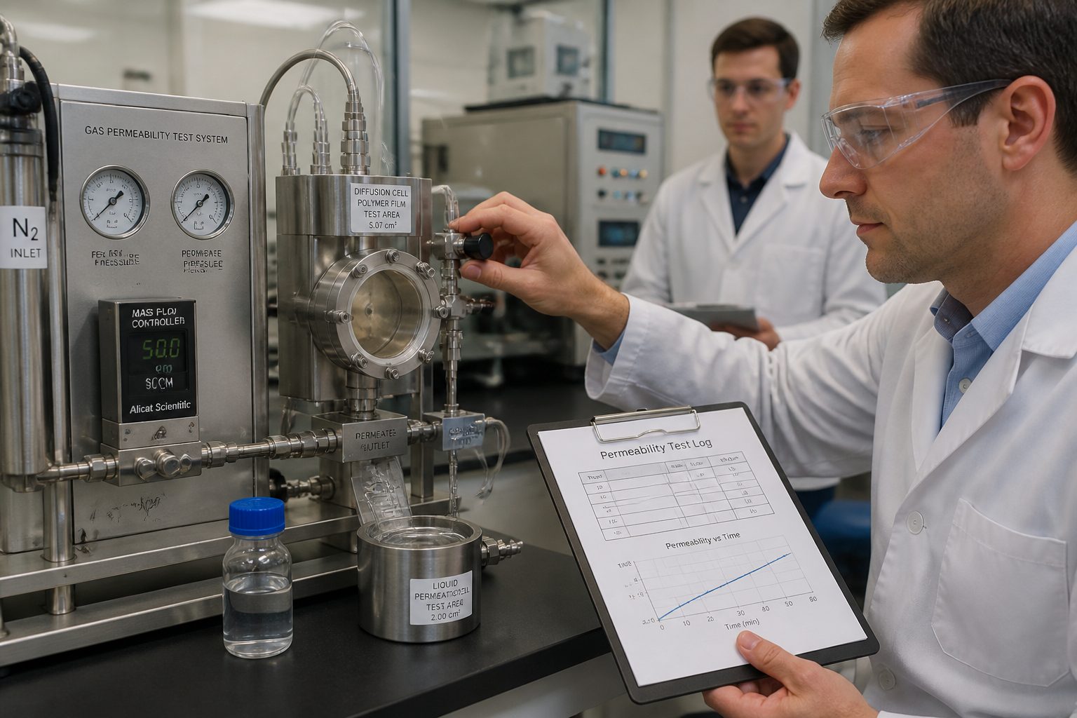 A lab researcher adjusts a permeability testing device with a polymer film membrane to measure gas and liquid transport.
