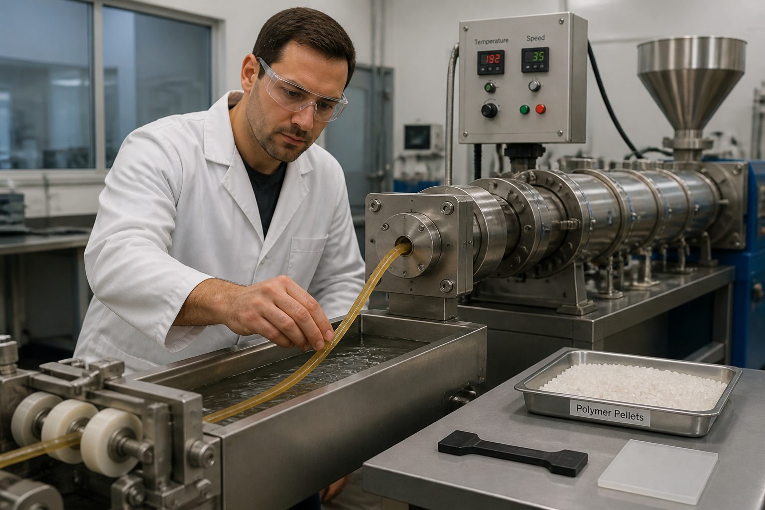 A lab engineer in safety glasses guides a polymer strand from an extruder into a cooling bath with pellets and molded samples on a nearby bench.