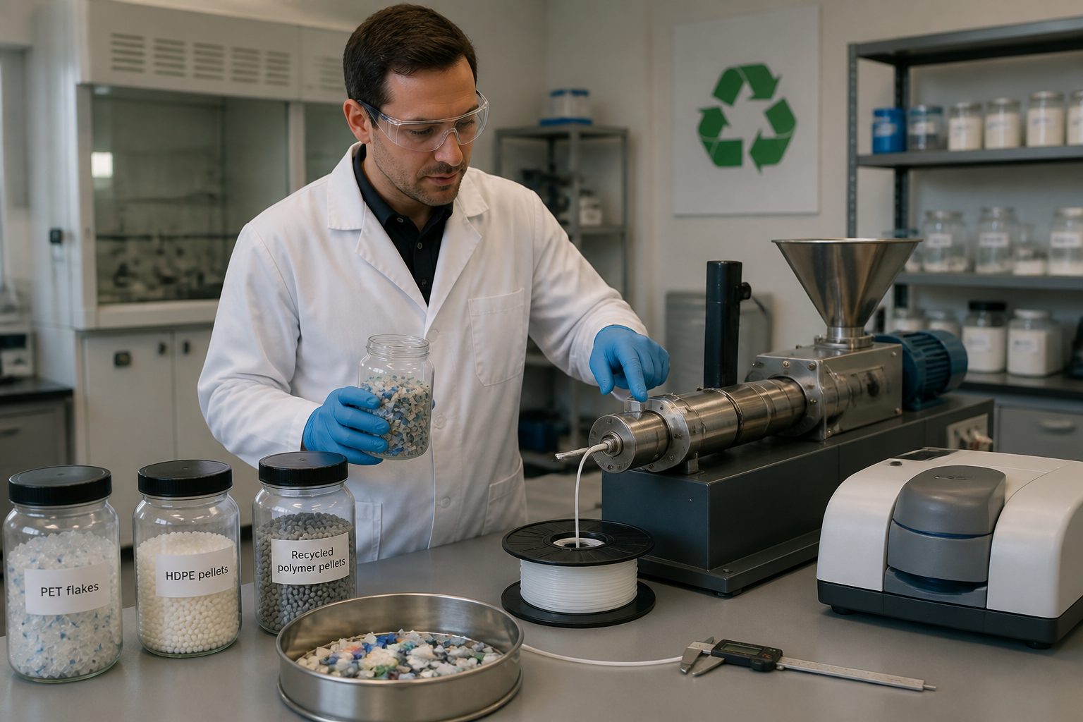 A lab engineer in safety glasses holds a jar of shredded plastic while pointing to a small extruder making recycled polymer filament in a laboratory.