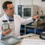 A polymer engineer in a lab holds jars of shredded plastic and recycled polymer pellets beside recycling equipment.