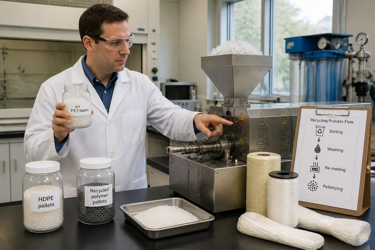 A lab engineer sorts plastic flakes and recycled polymer pellets beside a small extrusion machine in a polymer recycling laboratory.