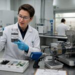 Engineer in a lab compares waste polymer flakes and recycled polymer pellets beside a small recycling extruder machine