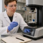 A lab engineer uses a rotational rheometer to test a polymer sample as it flows and stretches between plates.