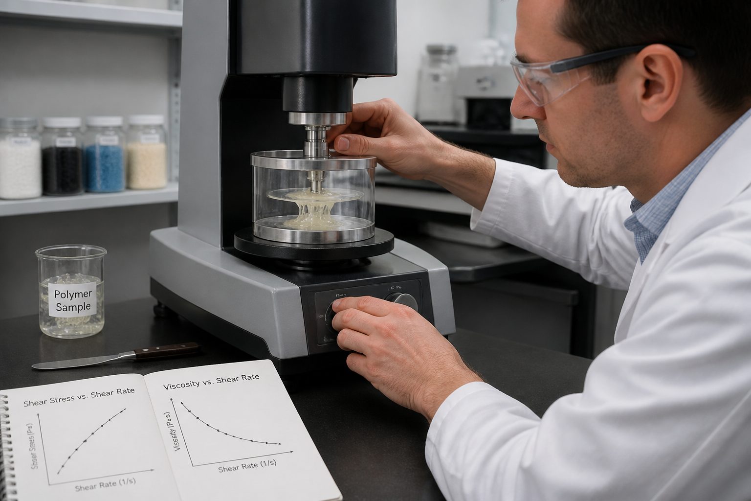 A lab engineer operates a rotational rheometer as a polymer sample flows and deforms between transparent plates.