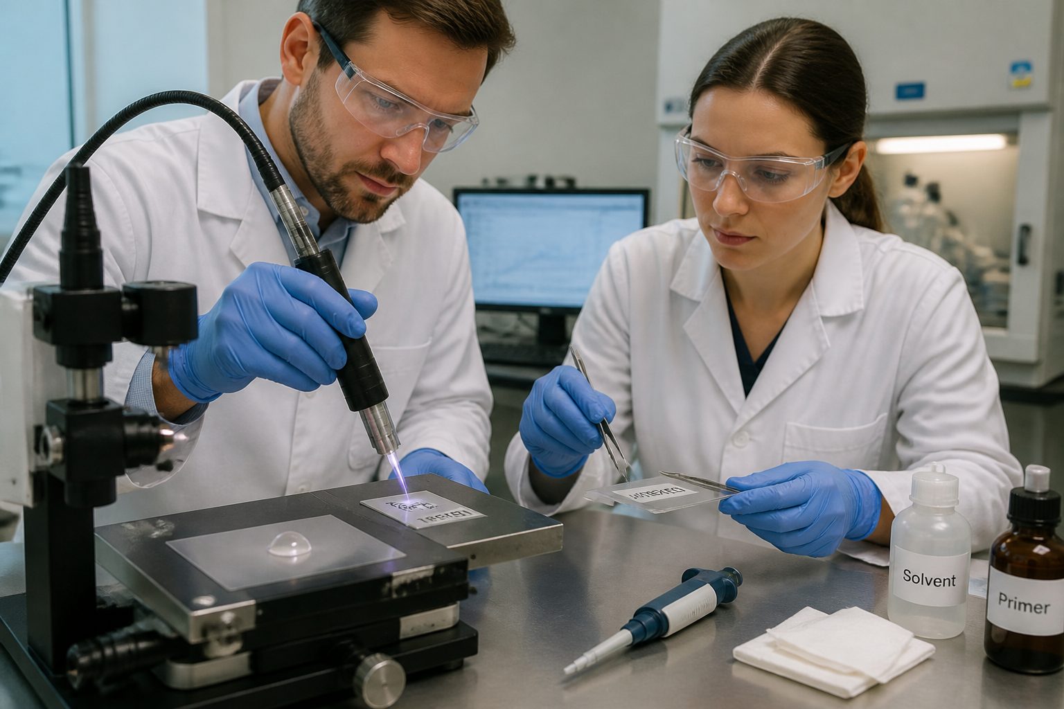 A man and a woman in a materials lab use a plasma tool to treat a polymer film while observing a water droplet test on the surface.