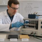A lab researcher measures heat transfer through polymer samples using a thermal conductivity testing device on a workbench.