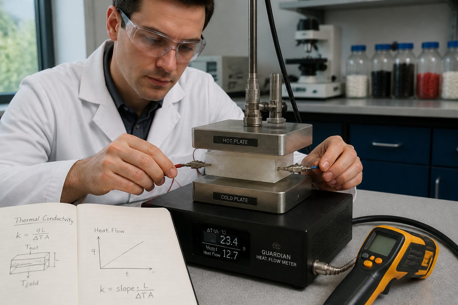 A lab researcher measures heat transfer through a polymer sheet using a thermal conductivity testing device on a workbench.