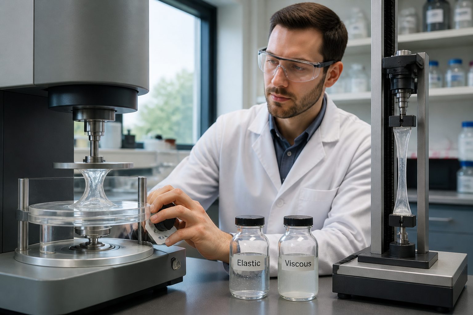 A lab engineer tests a polymer sample on a rheometer while a stretched polymer strip shows elastic rebound and slow flow behavior.