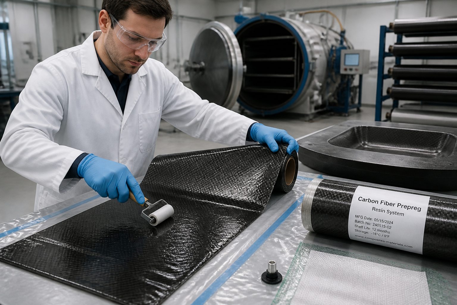 An engineer in gloves unrolls carbon fiber prepreg onto a layup table in a composites manufacturing lab near an autoclave.