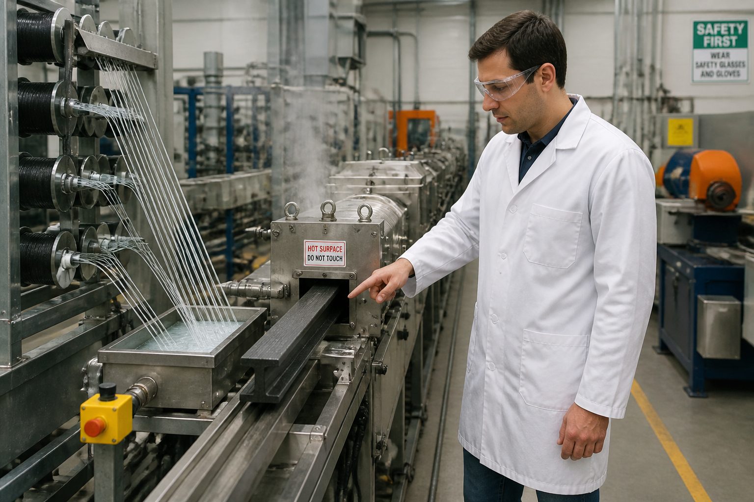 An engineer in safety glasses points to a continuous fiber composite profile being pulled through a pultrusion machine in a factory.