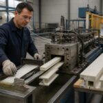 An engineer inspects a pultrusion line as continuous fibers pass through a resin bath and heated die to form composite profiles.