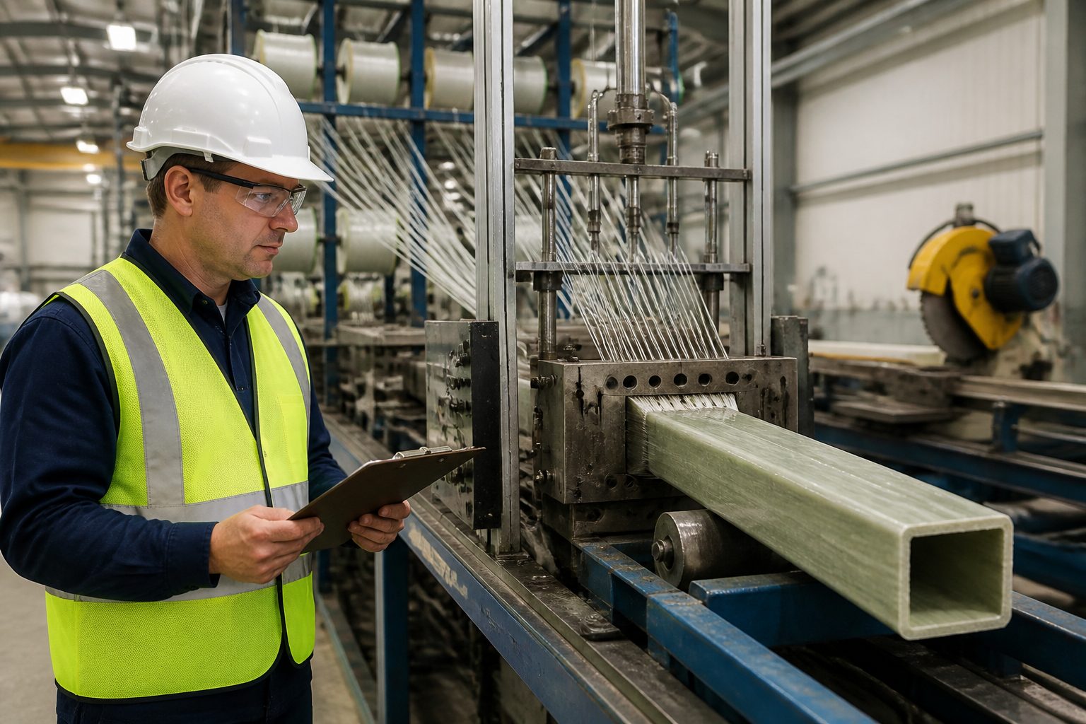 An engineer inspects a continuous fiber composite profile as it is pulled through a pultrusion machine in a factory.