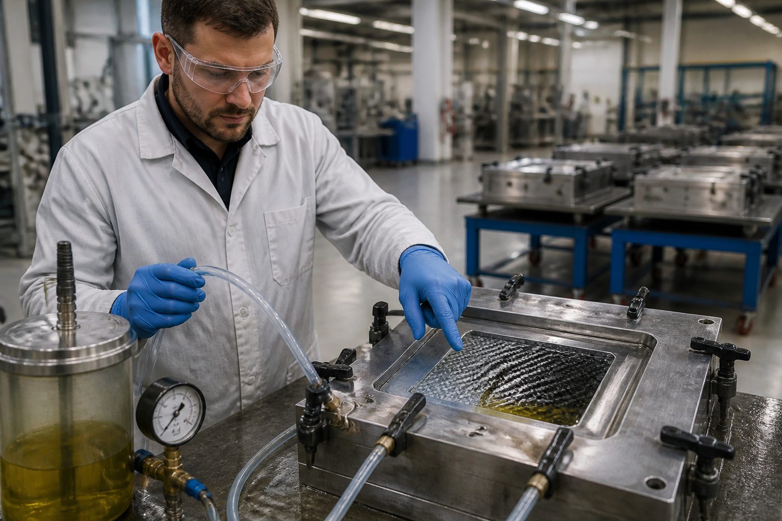 An engineer in safety glasses monitors resin flowing through clear tubes into a sealed mold to infuse a fiber preform in a composites factory.