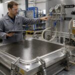 An engineer monitors resin injection lines and gauges on a closed mold during resin transfer molding of a fiber reinforced composite part in a factory.