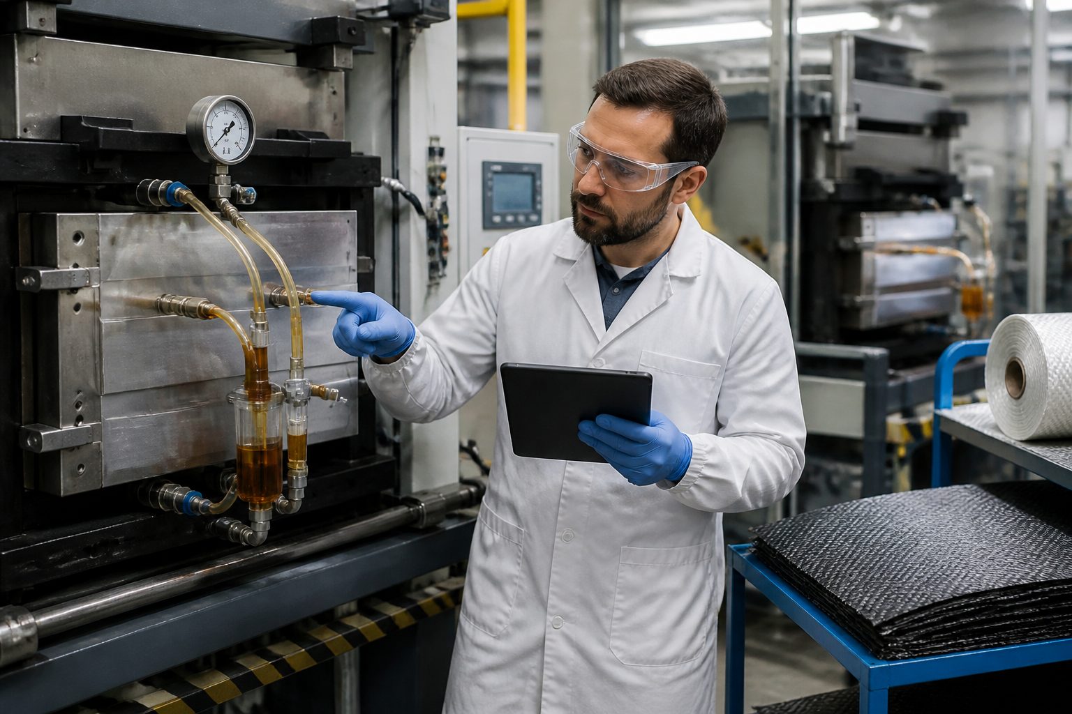 An engineer in safety glasses monitors resin flowing through clear tubes into a closed mold for fiber reinforced composite parts in a factory.