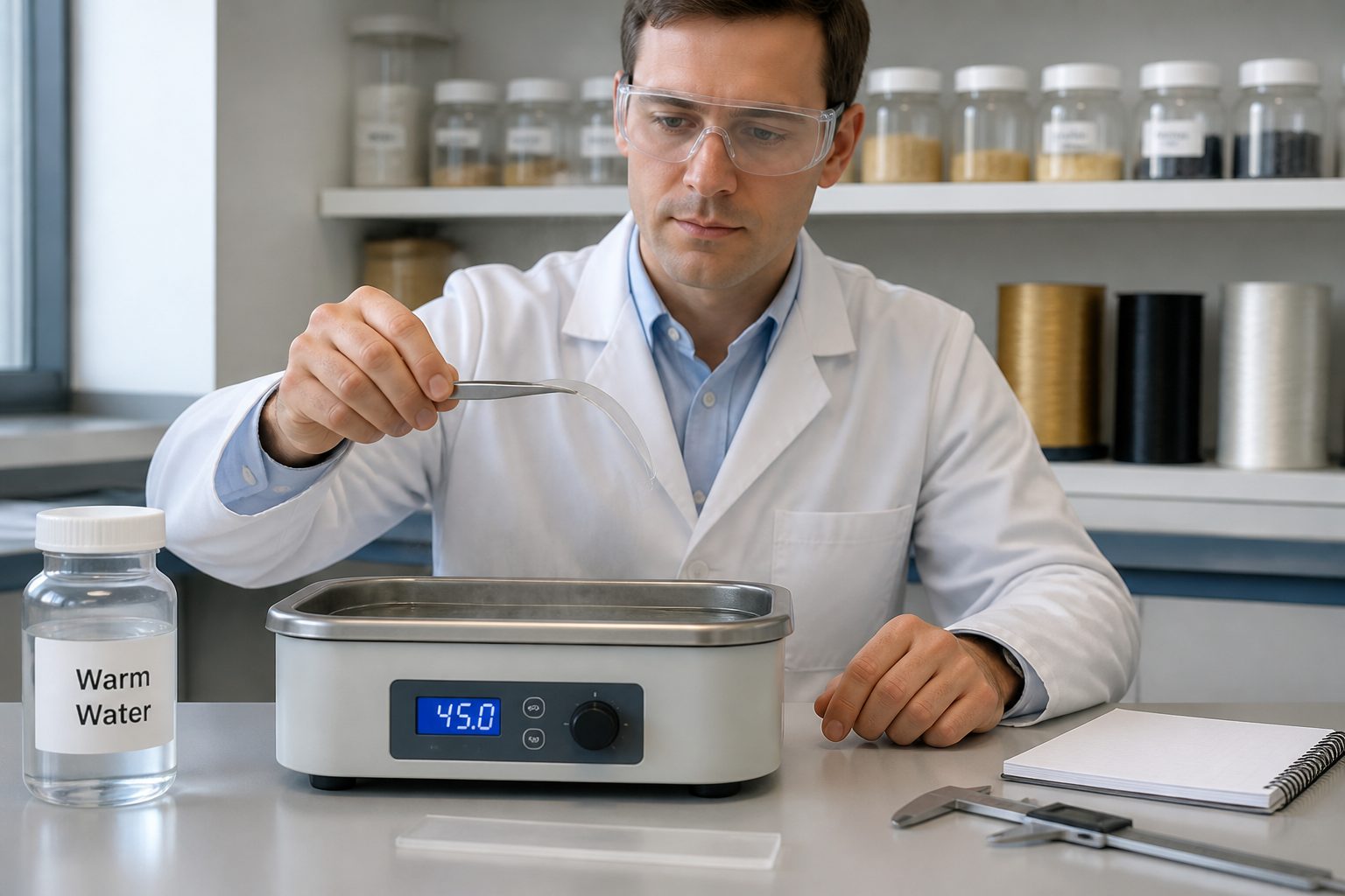 A lab engineer warms a bent transparent shape memory polymer strip as it returns toward its original straight shape on a workbench.