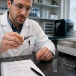 A lab engineer in a white coat bends a clear shape memory polymer strip with tweezers while another sample returns to its original shape near a warming device.