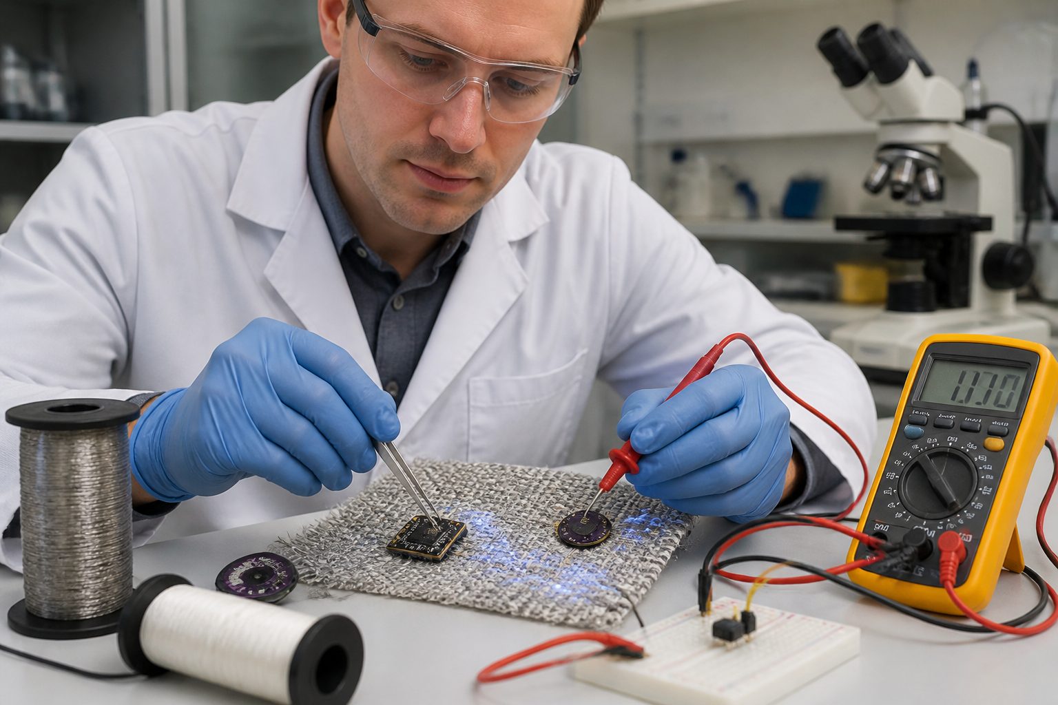 A textile engineer in a lab tests conductive threads woven into a fabric swatch with a multimeter.