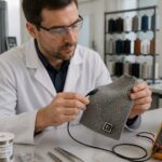 A researcher in a lab holds a fabric swatch with conductive threads and a small embedded sensor module.