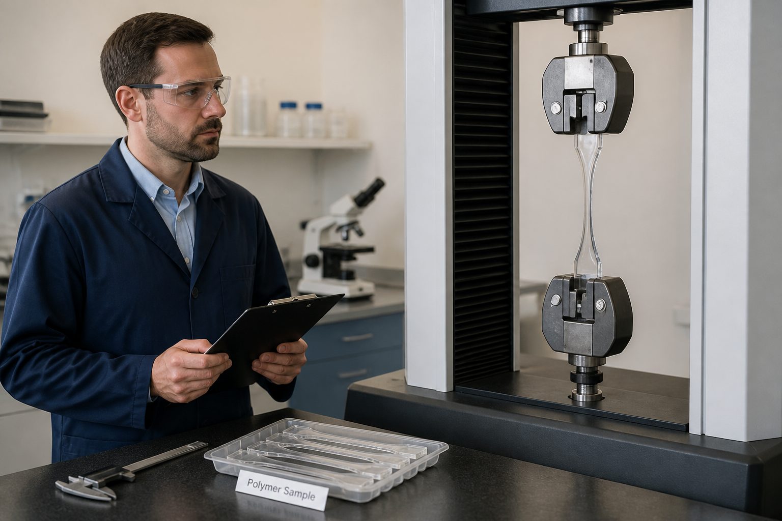 An engineer in a materials lab watches a tensile testing machine stretch a clear polymer specimen held in metal grips.