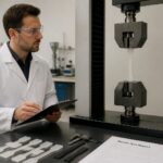 A lab engineer in a lab coat watches a tensile testing machine stretch a dog bone shaped polymer sample.