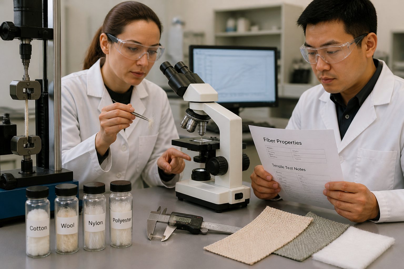 Two researchers in a lab examine textile fibers with a microscope and tensile testing tools on a workbench.