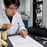 A lab researcher examines textile fibers and points to a fiber properties report beside a tensile testing machine and microscope.