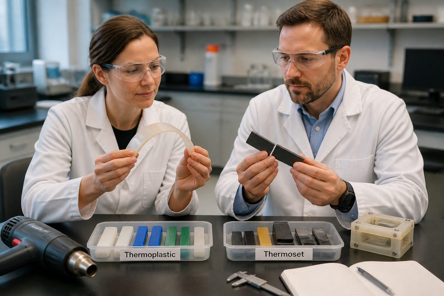 Two materials engineers in a lab compare a flexible thermoplastic sample and a rigid thermoset resin piece on a workbench.