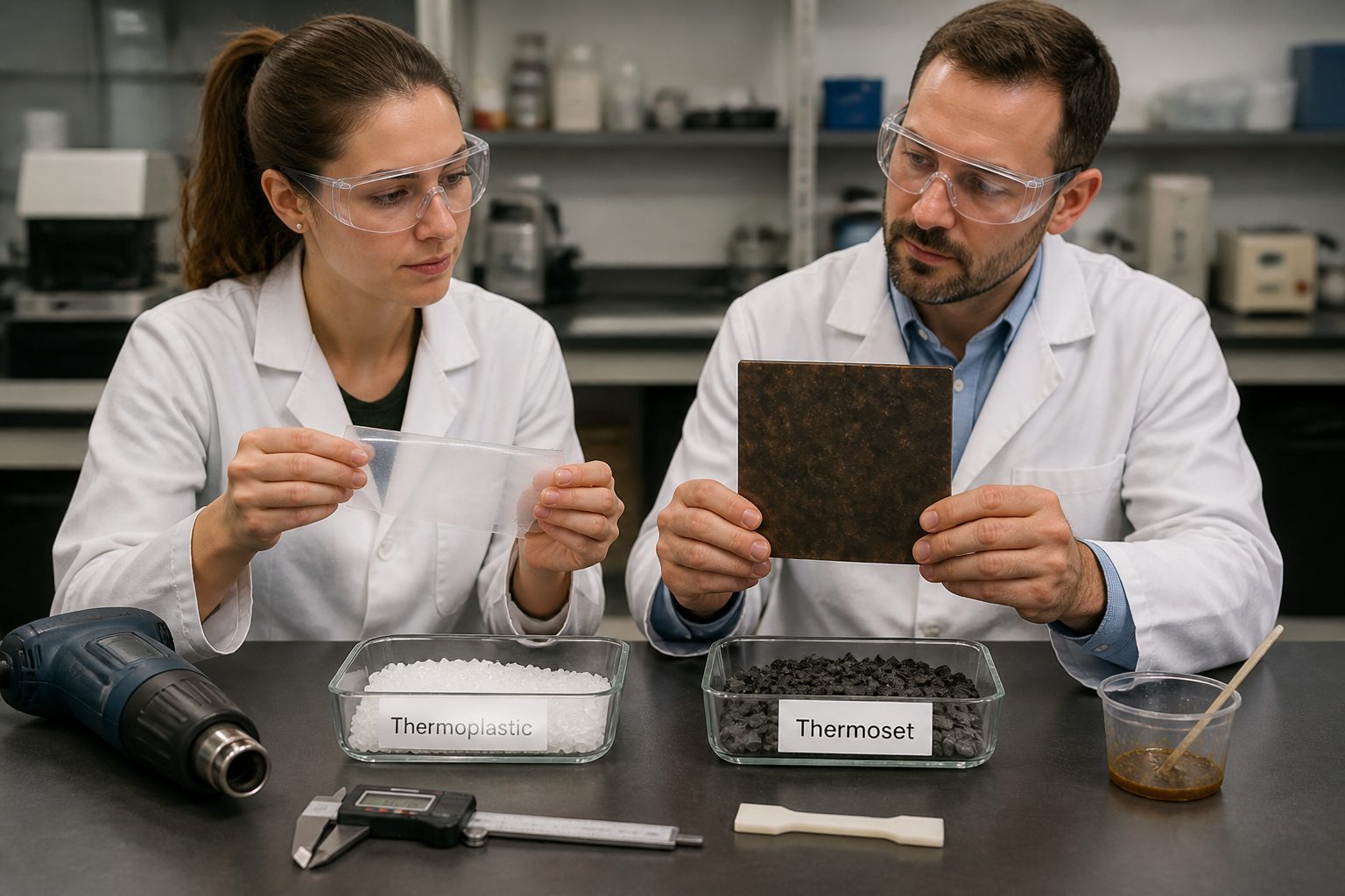 Two materials engineers in a lab compare a flexible thermoplastic sample and a rigid thermoset resin sample on a workbench.