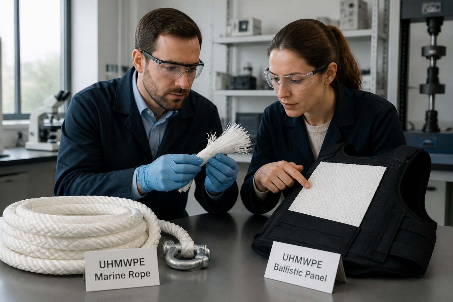 A man and a woman engineer compare a coiled UHMWPE marine rope and a UHMWPE ballistic fabric panel on a lab workbench.