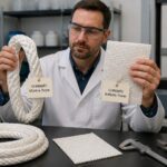 A lab engineer holds a white UHMWPE marine rope sample and a UHMWPE ballistic fabric panel on a workbench.