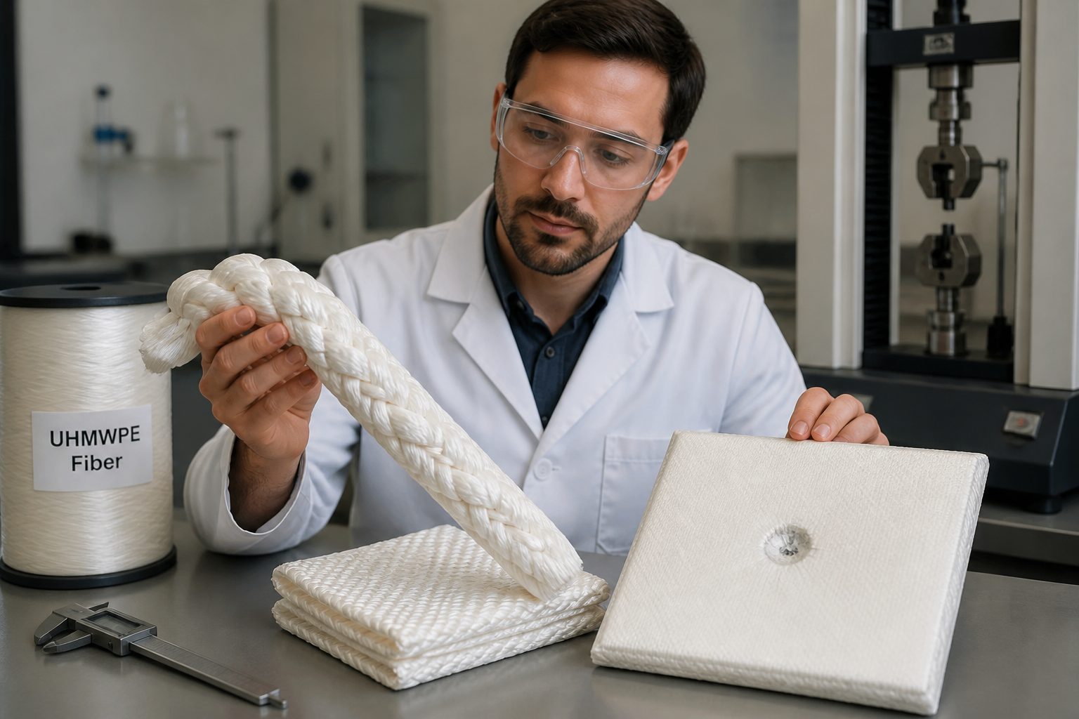 A male materials engineer in a lab holds a white marine rope beside UHMWPE ballistic fabric and a small protective panel on a workbench.