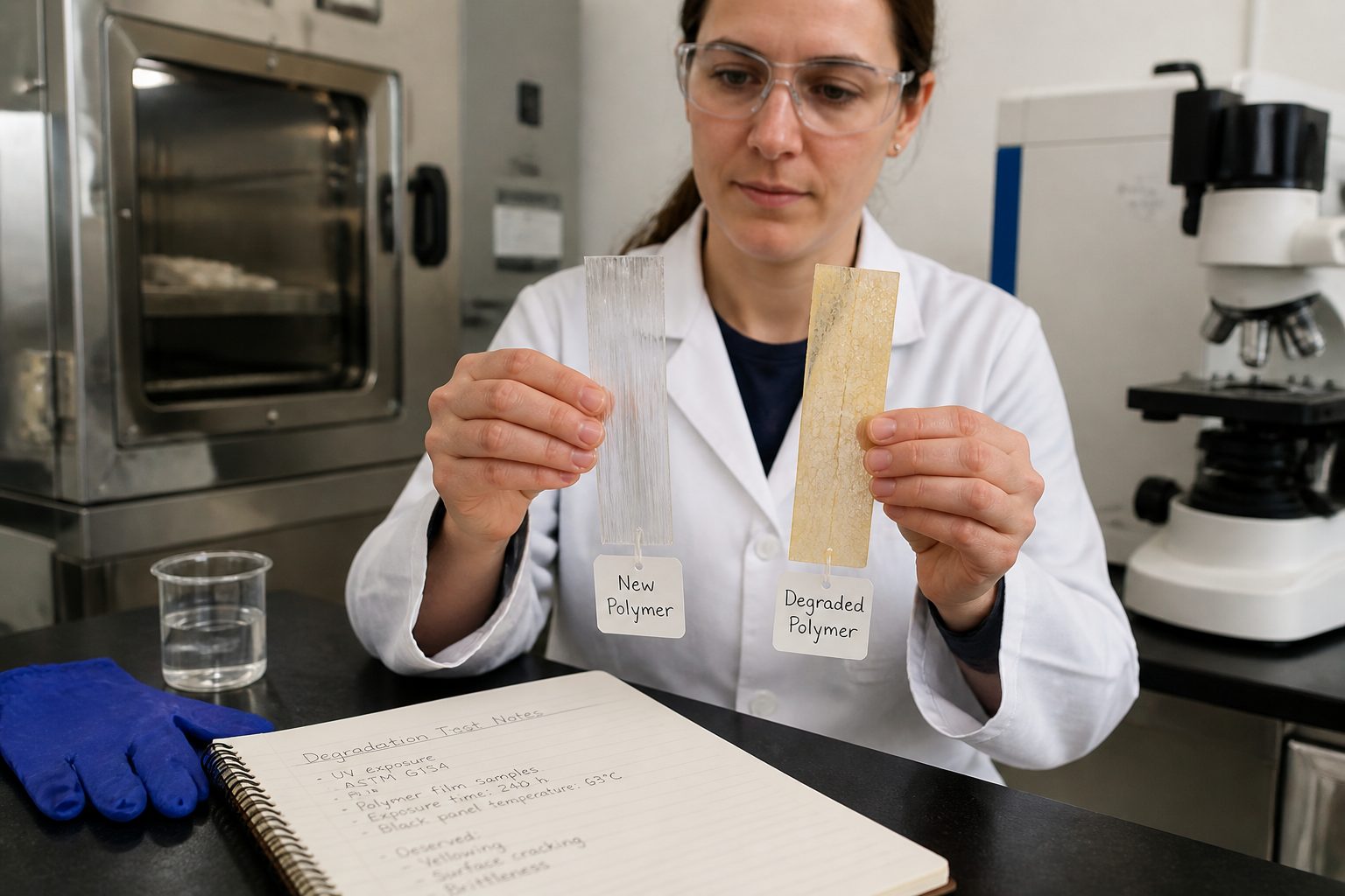 A scientist in a lab compares a new polymer sample with a degraded polymer sample on a workbench.