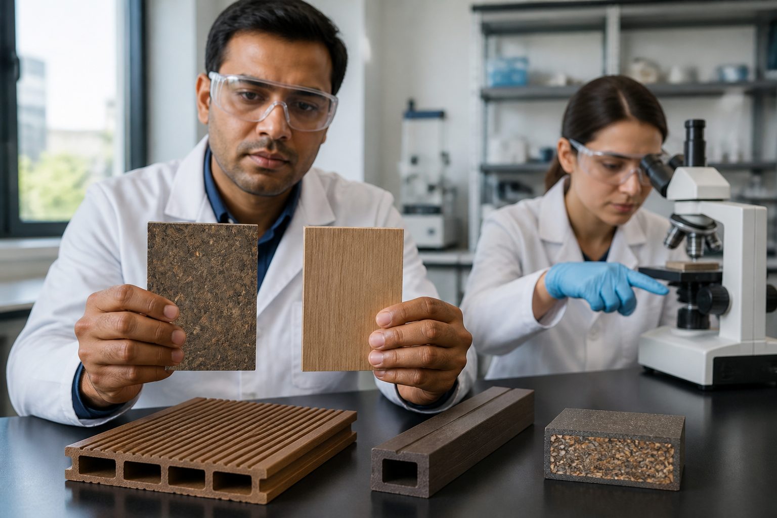 Two engineers in a materials lab examine wood plastic composite samples beside composite decking and fence pieces on a workbench.